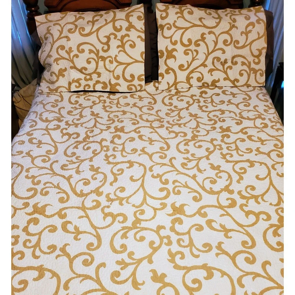 Classic Scroll Queen Reversible Geo Print Quilt Top‎ Bedspread 2 Standard Shams